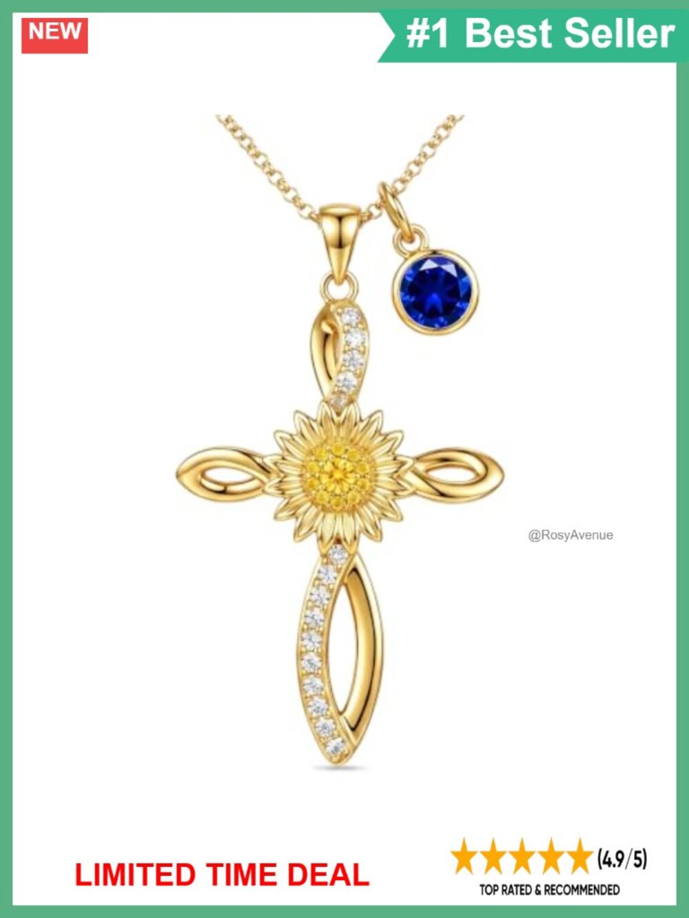 14K Gold Plated Sunflower Infinity Cross Necklace 20+2 in Chain